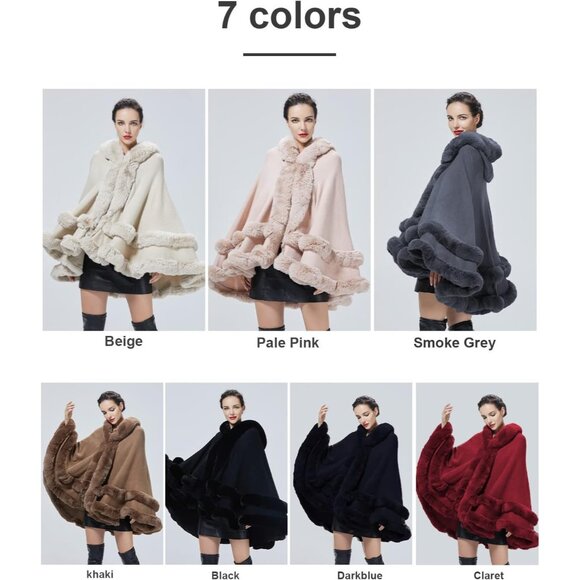 Women Hooded Poncho Cape Faux Fur Shawl Wrap with Fur Trim Sleeveless Cardigan - Picture 7 of 7